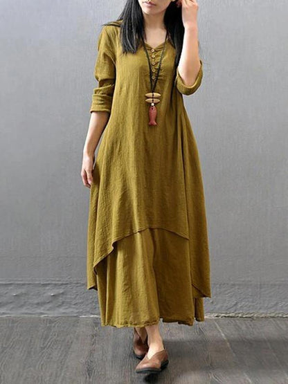 White Cotton Outfit V Neck Patchwork Dresses