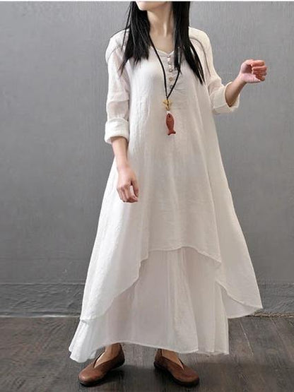 White Cotton Outfit V Neck Patchwork Dresses