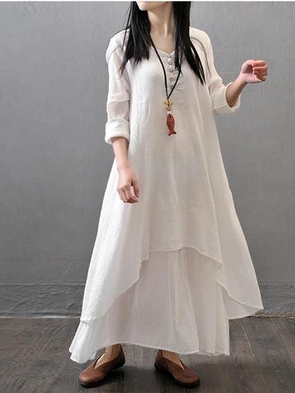 White Cotton Outfit V Neck Patchwork Dresses