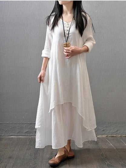 White Cotton Outfit V Neck Patchwork Dresses