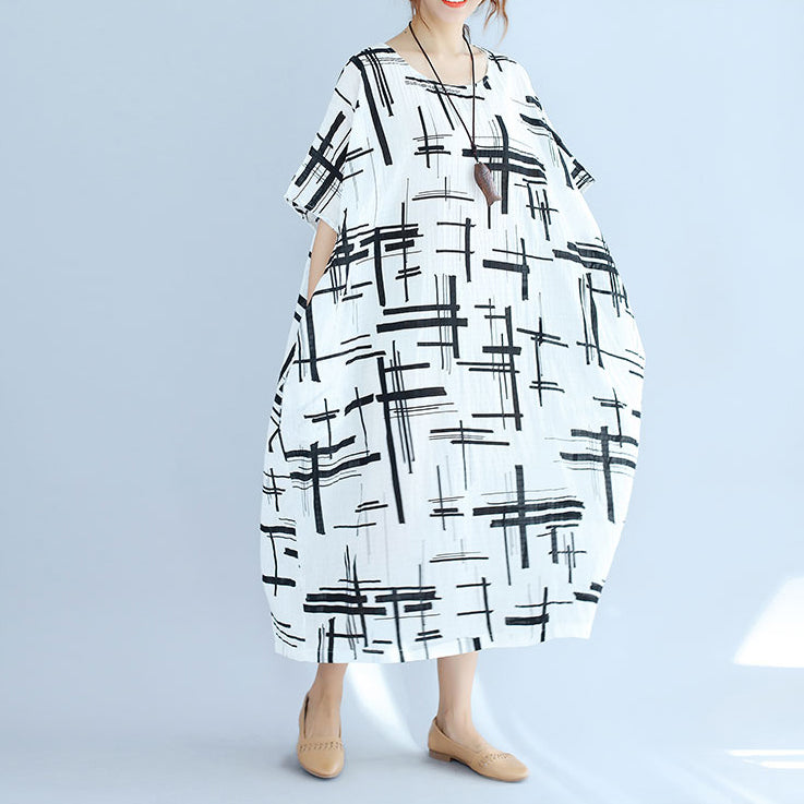 White Linen Dress Asymmetric Design Striped Cotton Dresses O Neck Linen Cotton Dress