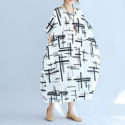White Linen Dress Asymmetric Design Striped Cotton Dresses O Neck Linen Cotton Dress
