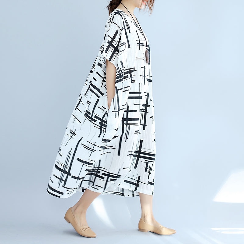 White Linen Dress Asymmetric Design Striped Cotton Dresses O Neck Linen Cotton Dress