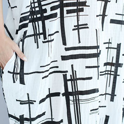 White Linen Dress Asymmetric Design Striped Cotton Dresses O Neck Linen Cotton Dress