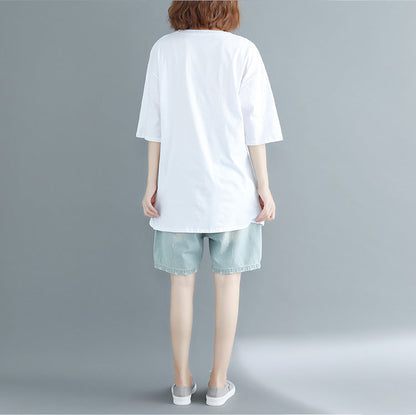 White Print Cotton Tops Wardrobes O Neck Oversized Top