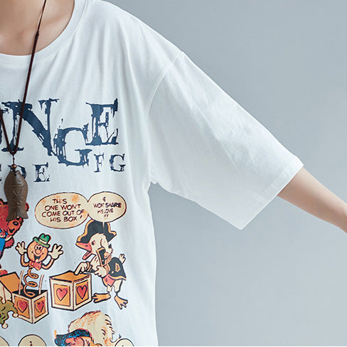 White Print Cotton Tops Wardrobes O Neck Oversized Top