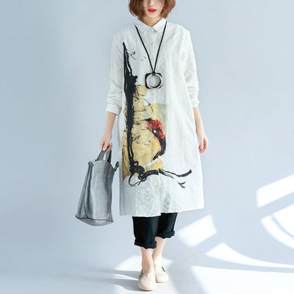 White Pure Cotton Shirt Dresses Cotton Dresses New Long Sleeve Turn-down Collar Pockets Cotton Shirt Dress