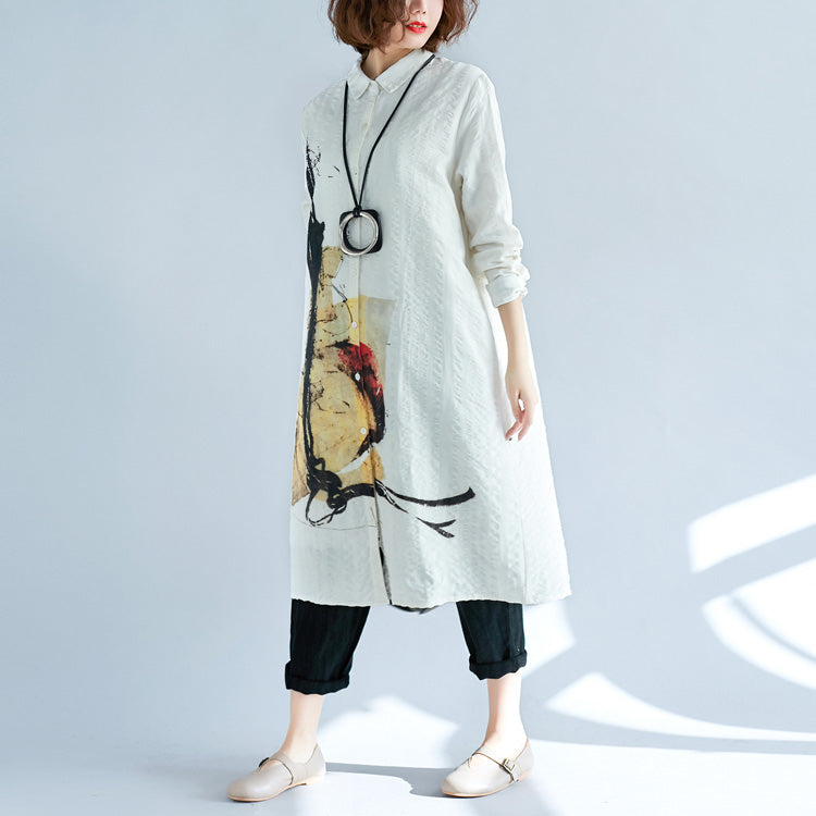 White Pure Cotton Shirt Dresses Cotton Dresses New Long Sleeve Turn-down Collar Pockets Cotton Shirt Dress