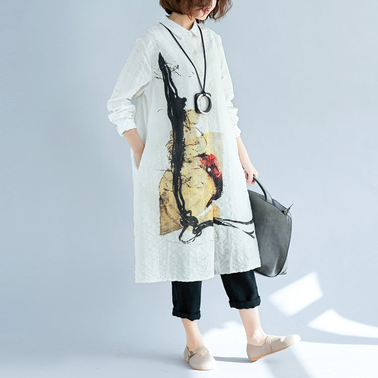 White Pure Cotton Shirt Dresses Cotton Dresses New Long Sleeve Turn-down Collar Pockets Cotton Shirt Dress