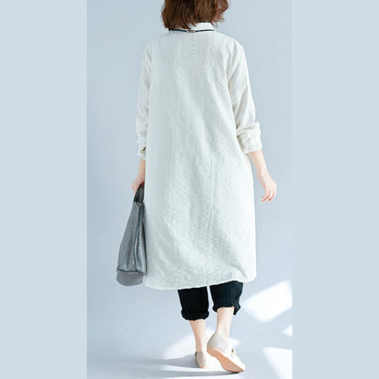 White Pure Cotton Shirt Dresses Cotton Dresses New Long Sleeve Turn-down Collar Pockets Cotton Shirt Dress