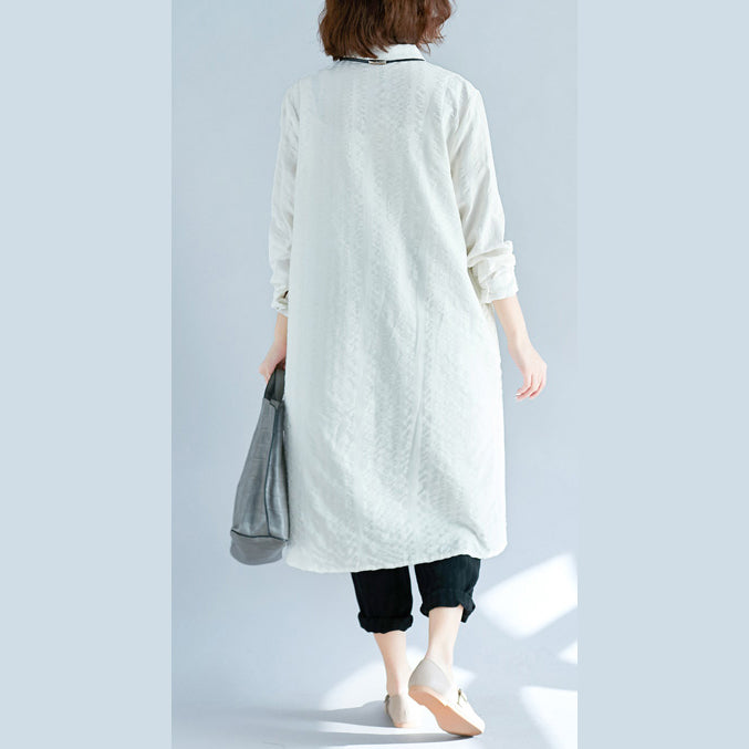 White Pure Cotton Shirt Dresses Cotton Dresses New Long Sleeve Turn-down Collar Pockets Cotton Shirt Dress