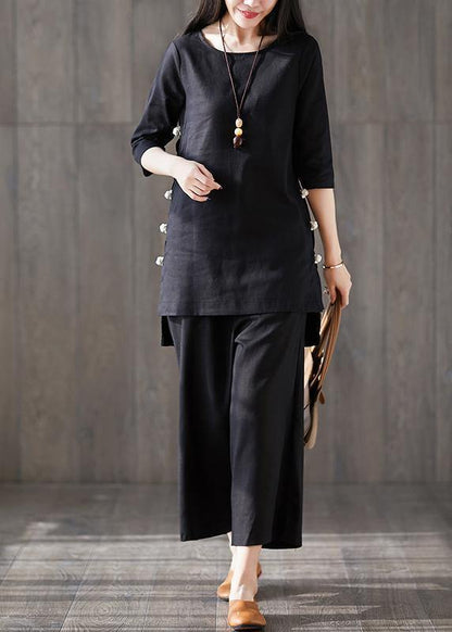Wide Leg Pants Two Pieces Cotton Clothes Catwalk Black O Neck Chinese Button Tops