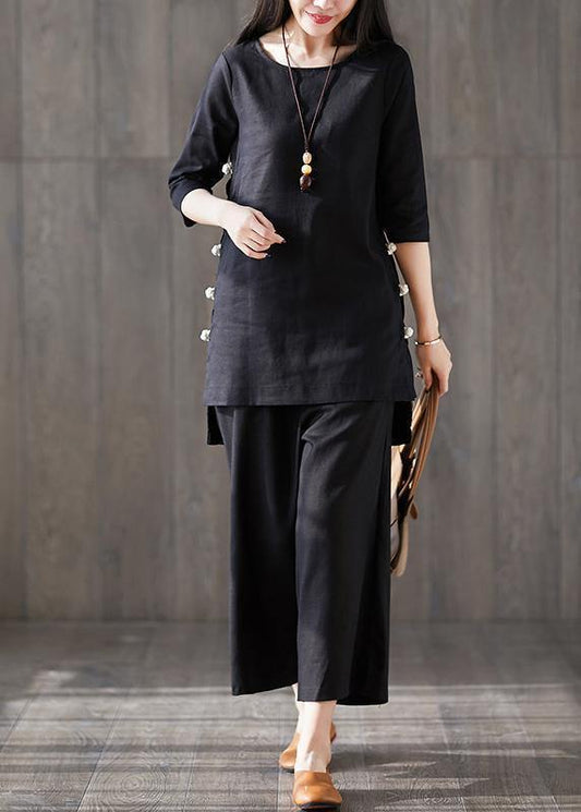Wide Leg Pants Two Pieces Cotton Clothes Catwalk Black O Neck Chinese Button Tops