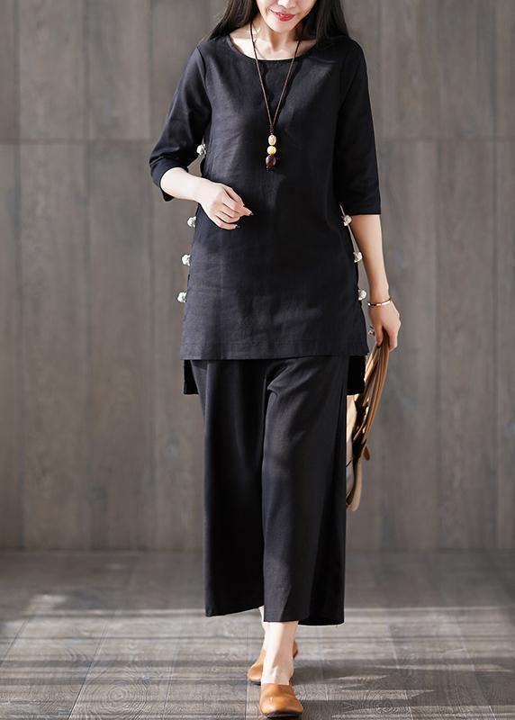 Wide Leg Pants Two Pieces Cotton Clothes Catwalk Black O Neck Chinese Button Tops