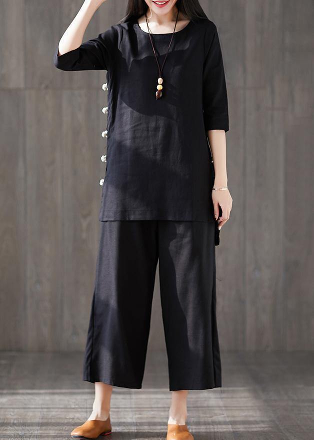 Wide Leg Pants Two Pieces Cotton Clothes Catwalk Black O Neck Chinese Button Tops