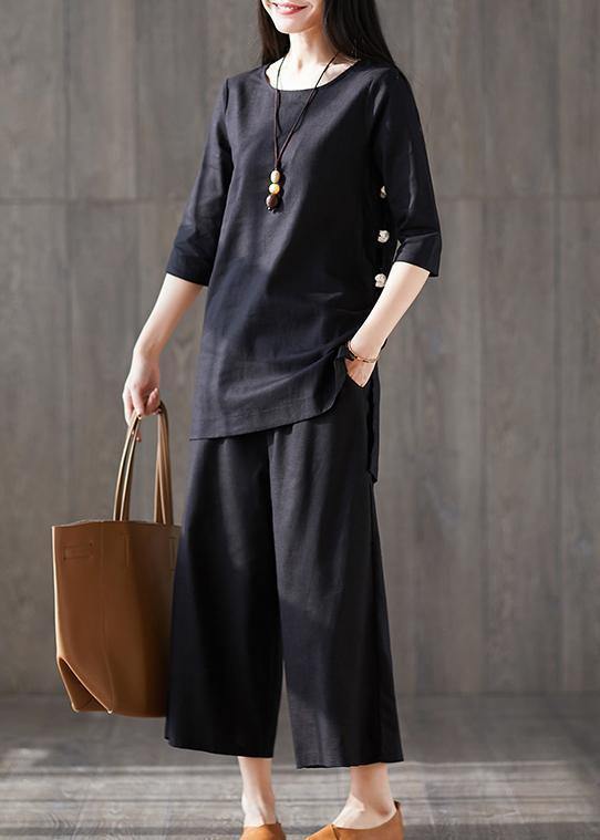 Wide Leg Pants Two Pieces Cotton Clothes Catwalk Black O Neck Chinese Button Tops