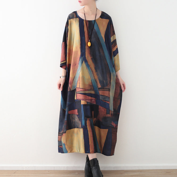Yellow Blue Prints Chiffon Maxi Dress Loose Fitting O Neck Chiffon Maxi Dress Half Sleeve Caftans