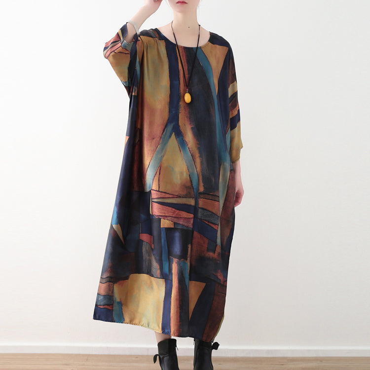 Yellow Blue Prints Chiffon Maxi Dress Loose Fitting O Neck Chiffon Maxi Dress Half Sleeve Caftans