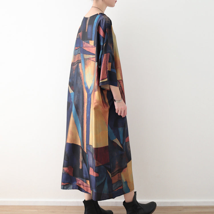 Yellow Blue Prints Chiffon Maxi Dress Loose Fitting O Neck Chiffon Maxi Dress Half Sleeve Caftans