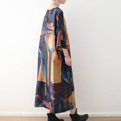 Yellow Blue Prints Chiffon Maxi Dress Loose Fitting O Neck Chiffon Maxi Dress Half Sleeve Caftans
