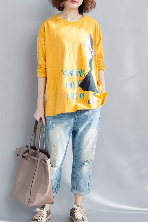 Yellow Cotton Linen Tops Wardrobes O Neck Long Sleeve Loose Spring Top