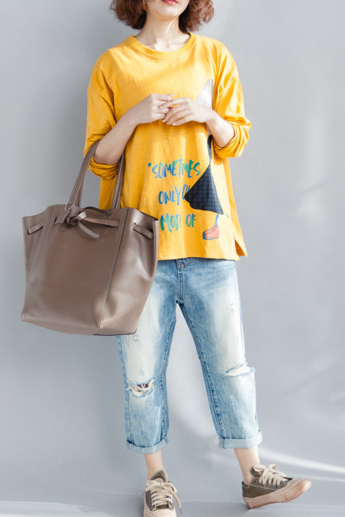 Yellow Cotton Linen Tops Wardrobes O Neck Long Sleeve Loose Spring Top