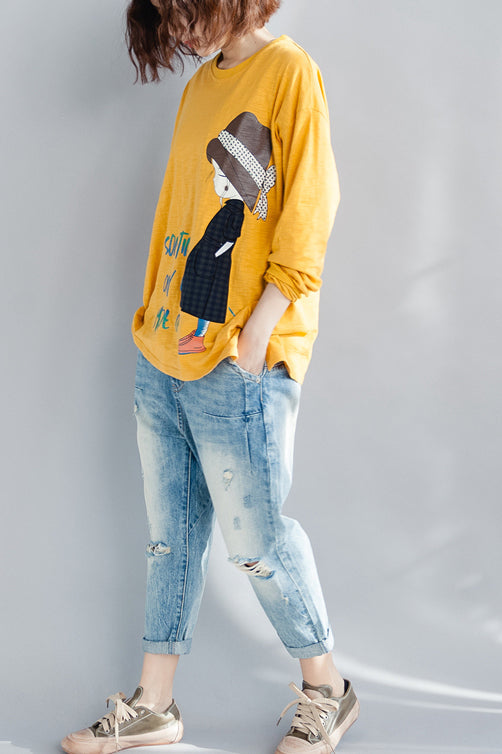 Yellow Cotton Linen Tops Wardrobes O Neck Long Sleeve Loose Spring Top