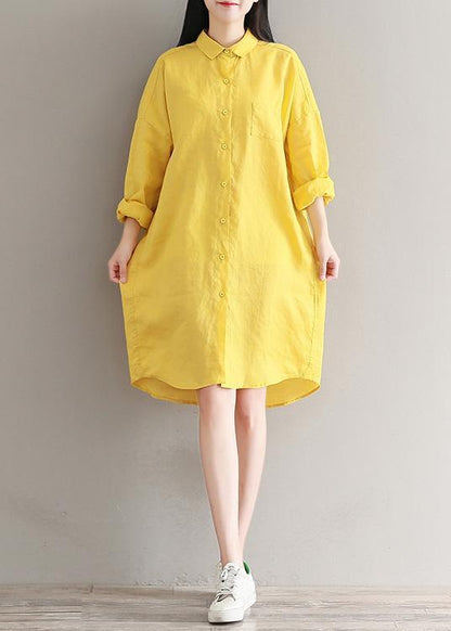 Yellow Linen Clothes for Fine Design Lapel Spring Shirt Dresses
