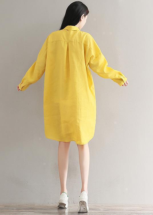 Yellow Linen Clothes for Fine Design Lapel Spring Shirt Dresses
