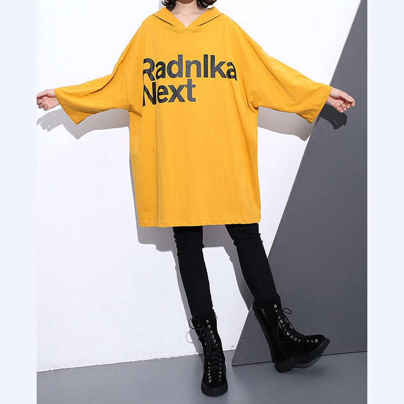 Yellow Natural Cotton T Shirt Hooded Traveling Clothing Back Side Open Cotton T Shirt