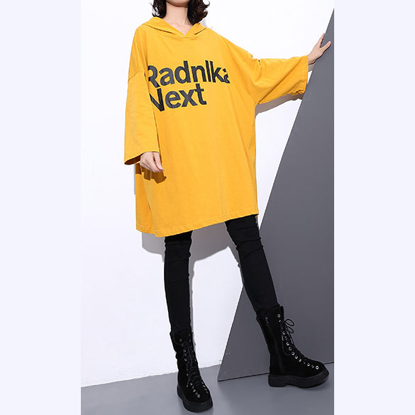 Elegant yellow natural cotton t shirt trendy plus size hooded traveling clothing vintage back side open cotton t shirt