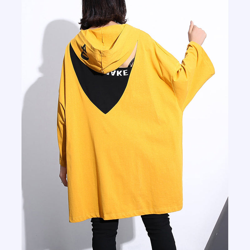 Yellow Natural Cotton T Shirt Hooded Traveling Clothing Back Side Open Cotton T Shirt