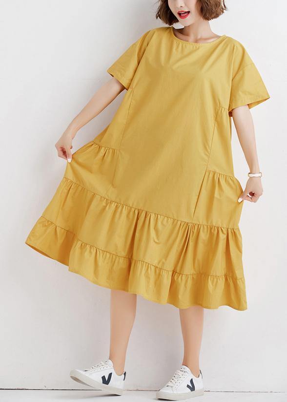 Yellow O Neck Cotton Tunics Ruffles Robe Summer Dresses