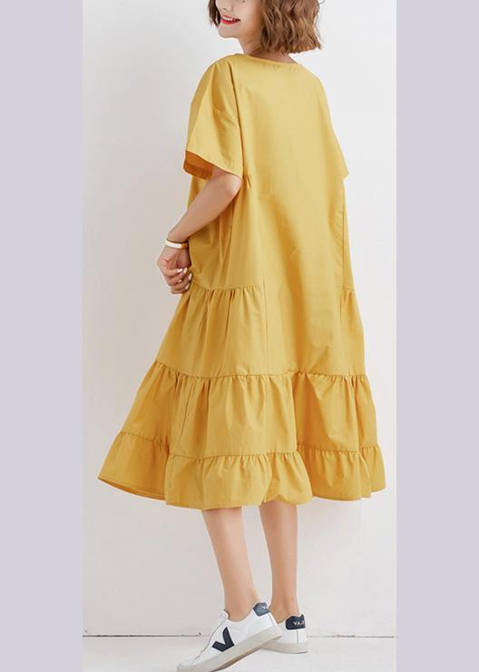Yellow O Neck Cotton Tunics Ruffles Robe Summer Dresses