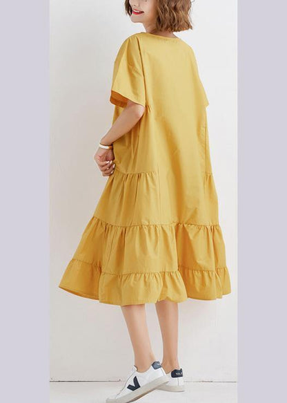 Yellow O Neck Cotton Tunics Ruffles Robe Summer Dresses