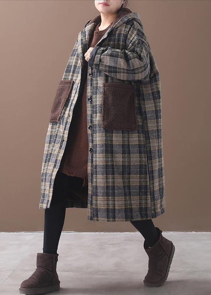 Yellow Plaid Long Coats Wardrobes Patchwork Pockets Hooded Coat