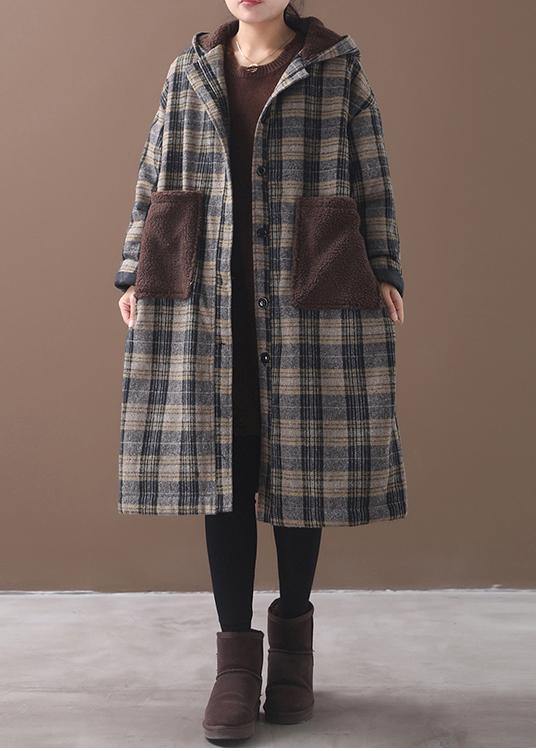 Yellow Plaid Long Coats Wardrobes Patchwork Pockets Hooded Coat