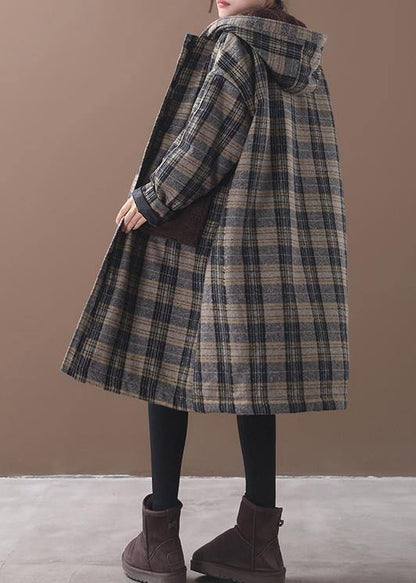 Yellow Plaid Long Coats Wardrobes Patchwork Pockets Hooded Coat