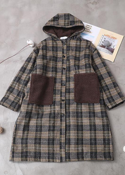 Yellow Plaid Long Coats Wardrobes Patchwork Pockets Hooded Coat