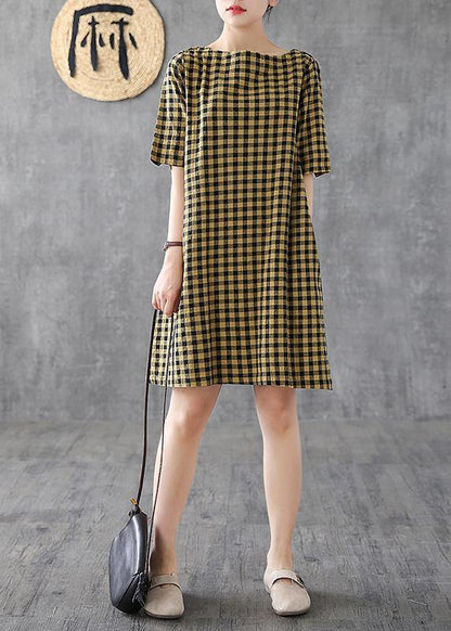 Yellow Plaid Linen Tunics O Neck Half Sleeve Midi Summer Dress