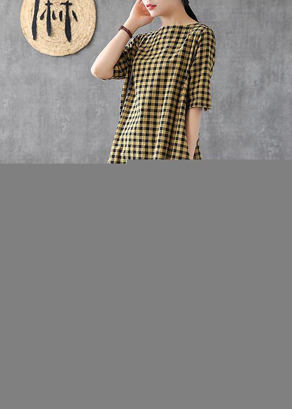 Yellow Plaid Linen Tunics O Neck Half Sleeve Midi Summer Dress