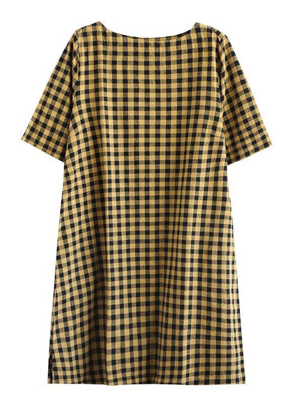 Yellow Plaid Linen Tunics O Neck Half Sleeve Midi Summer Dress
