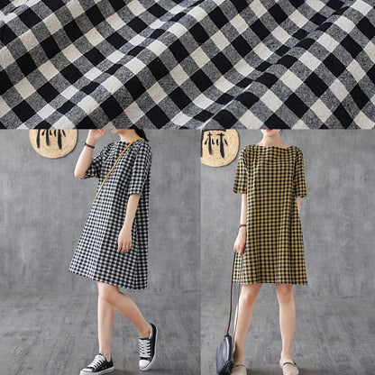 Yellow Plaid Linen Tunics O Neck Half Sleeve Midi Summer Dress