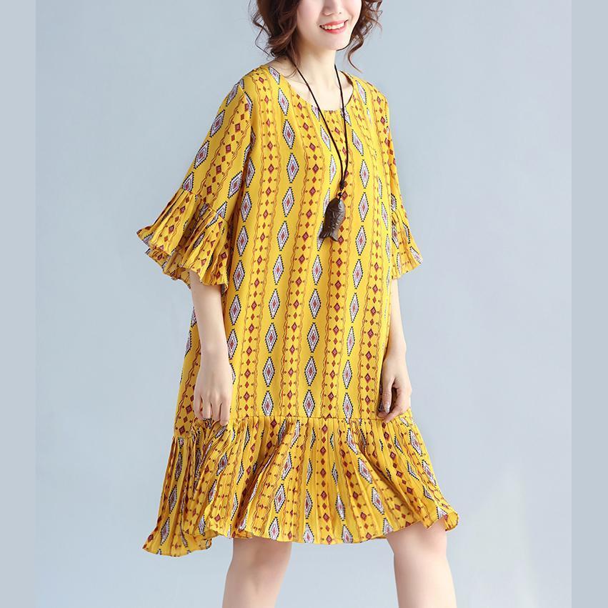 Yellow Prints Chiffon Shift Dresses Oversized Chiffon Clothing Dresses Ruffles Hem Ruffles Sleeve Dress