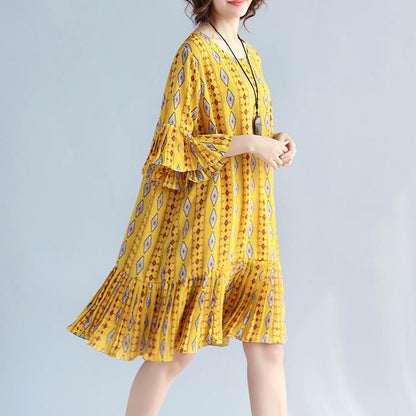 Yellow Prints Chiffon Shift Dresses Oversized Chiffon Clothing Dresses Ruffles Hem Ruffles Sleeve Dress