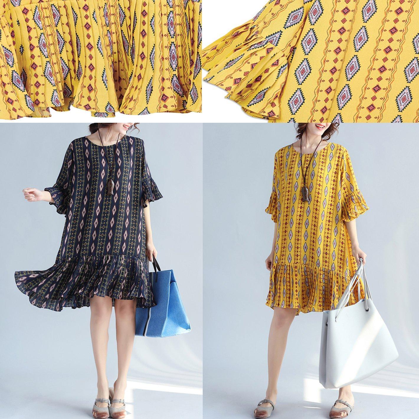 Yellow Prints Chiffon Shift Dresses Oversized Chiffon Clothing Dresses Ruffles Hem Ruffles Sleeve Dress