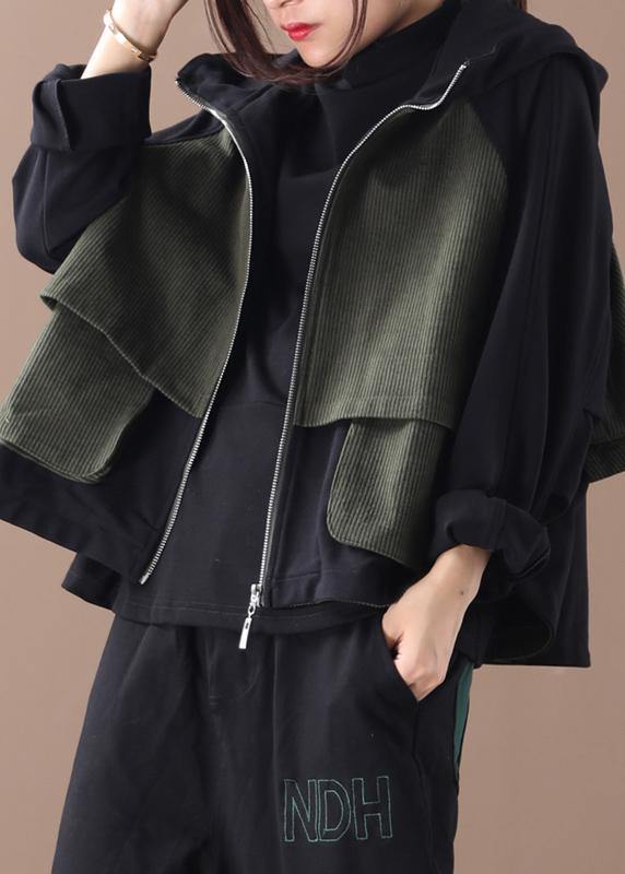 Zippered Cotton Fall Clothes for Outfits Black Patchwork Green Blouses