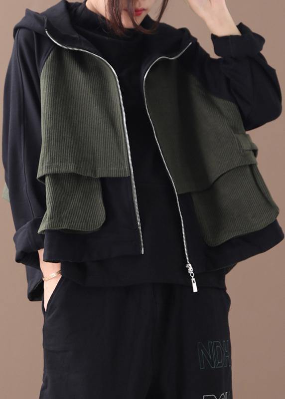 Zippered Cotton Fall Clothes for Outfits Black Patchwork Green Blouses