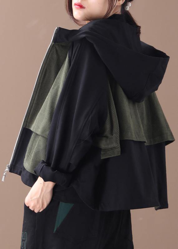 Zippered Cotton Fall Clothes for Outfits Black Patchwork Green Blouses