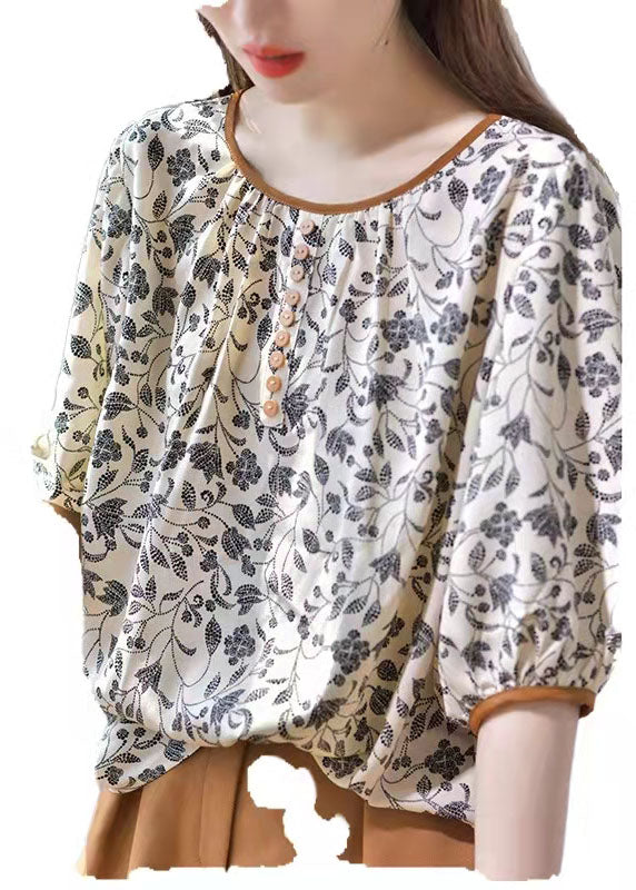 Khaki Chiffon O-neck Print Fall Half Sleeve Top